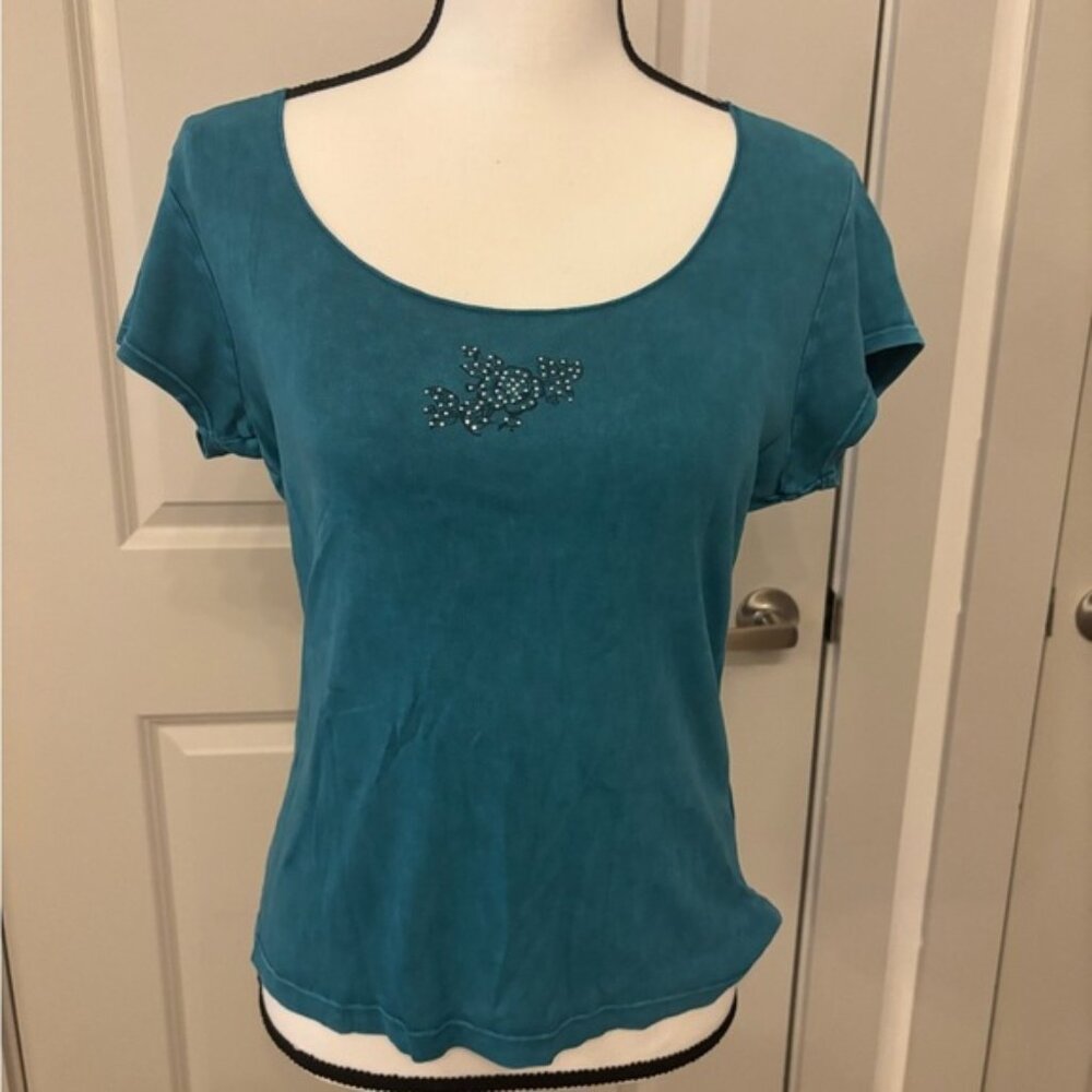 Women's teal rhinestoned flower print basic tee size L